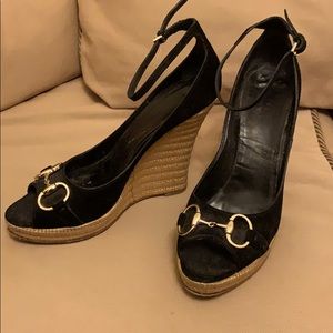 Gucci black suede horsebit wedge espadrille sandal